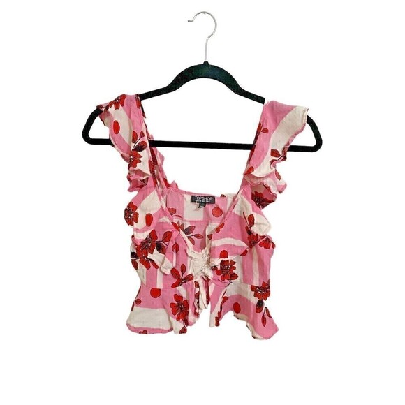 Topshop Blouse Size 8 Womens Sleeveless Floral Tie Front Multicolor Ruffle Top - Picture 1 of 5